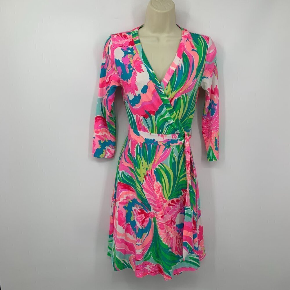 Lilly Pulitzer Emilia wrap dress stretch jersey knit bird paradise tropical XS
